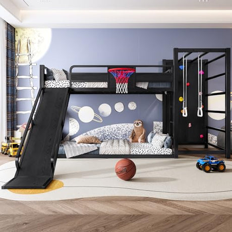 SOFTSEA Twin Size Gaming Loft Bed with Slide, Heavy Duty Metal Loft Bed with Basketball Hoop, Climbing Wall & Pull Up Rings for Kids Teens Adults, No Noise, Black SOFTSEA