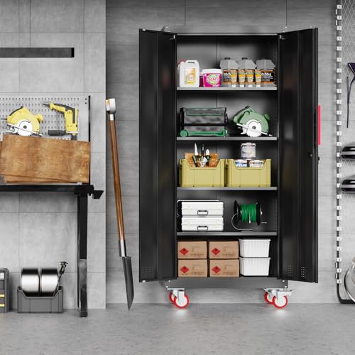 LMTC 71" H Garage Storage Cabinet with 4 Adjustable Shelves and Wheels, Lockable Metal Storage Cabinet for Garage, Home, Warehouse, Assembly Required,Black LMTC