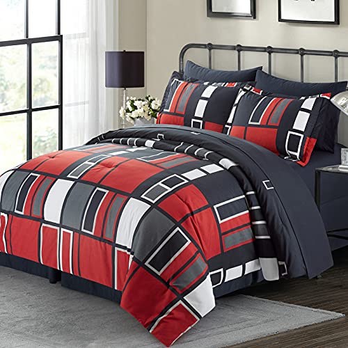 ARTALL Black Gray Red Plaid Pattern Bed in A Bag 8 Piece Bedding King Comforter Sets 1 Comforter, 2 Pillow Shams, 1 Flat Sheet, 1 Fitted Sheet, 1 Bed Skirt, 2 Pillowcases ARTALL
