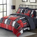 ARTALL Black Gray Red Plaid Pattern Bed in A Bag 8 Piece Bedding King Comforter Sets 1 Comforter, 2 Pillow Shams, 1 Flat Sheet, 1 Fitted Sheet, 1 Bed Skirt, 2 Pillowcases ARTALL