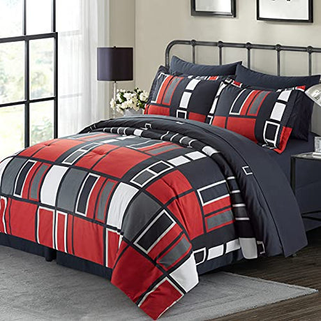 ARTALL Black Gray Red Plaid Pattern Bed in A Bag 8 Piece Bedding King Comforter Sets 1 Comforter, 2 Pillow Shams, 1 Flat Sheet, 1 Fitted Sheet, 1 Bed Skirt, 2 Pillowcases ARTALL