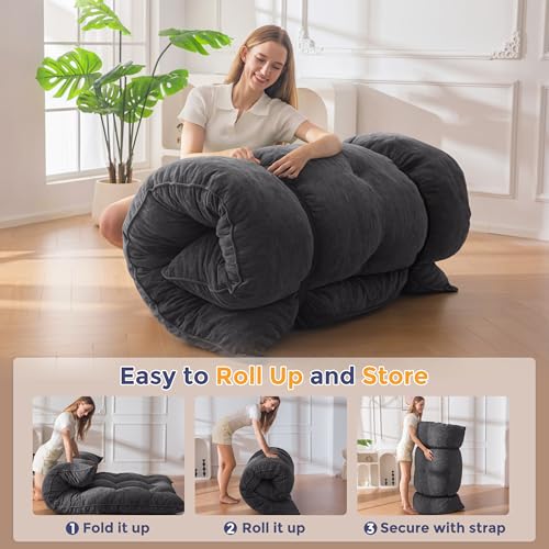 MAXYOYO Japanese Floor Mattress Full Size, 6" Foldable Futon Mattress Tufted Roll Up Floor Bed, Thick Polyester Tatami Mat Sleeping Pad for Camping Guest Room Dormitory Bedroom RV, Dark Grey MAXYOYO