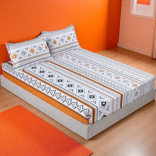 MAG 3PCS Colorful Bohemian Bed Sheet Twin Size, Retro Orange Printed Boho, Microfiber Bedding Sheet, 1 Fitted Sheet with 2 Pillowcases, 14 Inches Deep MAG