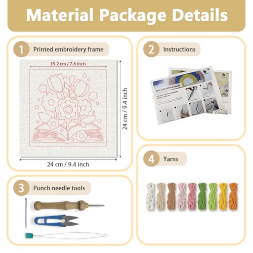 DOODLREAM Bouquet on Book DIY Punch Needle Embroidery Kit for Adult Beginner, 9.4" Flowers and Book Punch Stitching Craft Set for Starter with Frame, Fabric Pattern, Threader, Yarn, Punch Needle
