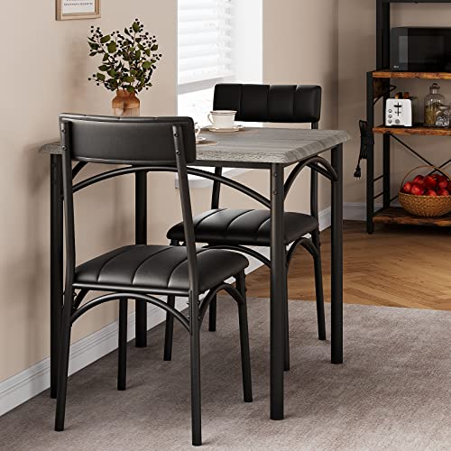 Amyove Modern Rustic Gray Square Dining Set, 29.2' L x W 30.1' H Table, 33.7' 18.4' 17' Chairs, 2 Person, Metal & MDF, Easy Assembly, Space-Saving Amyove