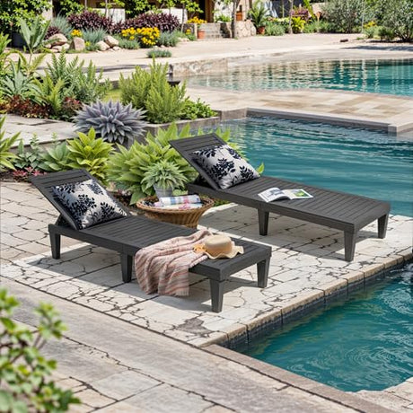 NBYSGO Outdoor Lounge Chairs Set of 2, 5-Position Adjustable Tanning Chairs with Wood Grain, All-Weather Resin Patio Recliners for Pool, Garden, Deck, Beach, Patio Lounge Chairs, Texture Black NBYSGO