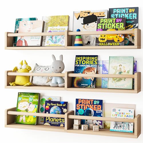 Fixwal Nursery Bookshelves, 32in Floating Bookshelves for Wall Set of 3, Wood Wall Mounted Book Shelves for Baby Nursery Decor, Toys and Decor Storage (Natural Wood) Fixwal