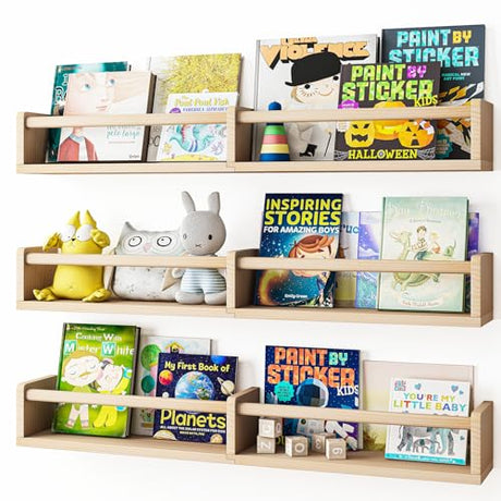 Fixwal Nursery Bookshelves, 32in Floating Bookshelves for Wall Set of 3, Wood Wall Mounted Book Shelves for Baby Nursery Decor, Toys and Decor Storage (Natural Wood) Fixwal
