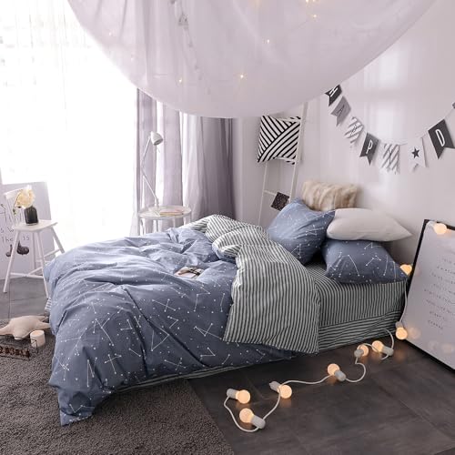 VM VOUGEMARKET Blue Striped Fitted Sheet Twin with 15" Deep Pocket (Without Pillowcases),100% Cotton Single Fitted Bottom Sheet Soft& Breathable-Twin,Stripe VM VOUGEMARKET