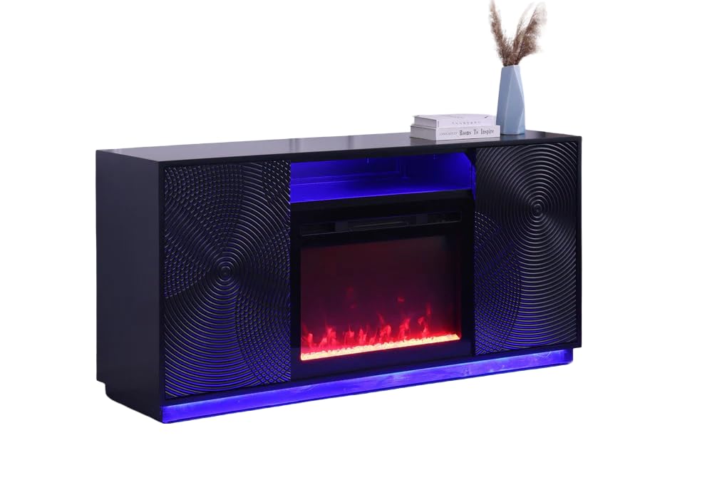 First of a Kind Weston Electric Fireplace TV Stand - Modern LED Light Entertainment Center with Wireless Charging & Bluetooth Speaker - Includes 2 Doors & 2 Shelves Inside, Black First of a Kind