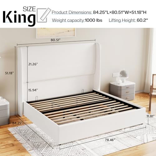 Jocisland King Size Bed Frame with Storage - Upholstered Lift Platform Bed, Wingback Headboard, Hydraulic System, No Box Spring Needed, Wood Slats Support, White Jocisland