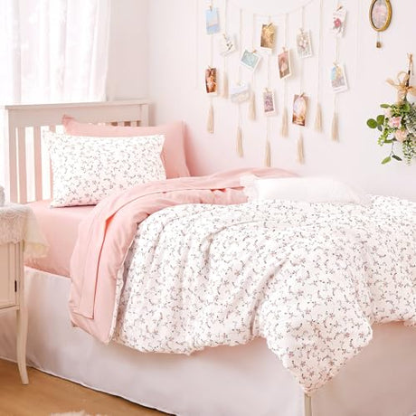 Wake In Cloud - Floral Comforter Set, Coquette Cottagecore Aesthetic Cute Flower Pattern for Women Teen Girls, Soft Lightweight Dorm Bedding, 3 Piece, Pink, Twin/Twin XL Size Wake In Cloud