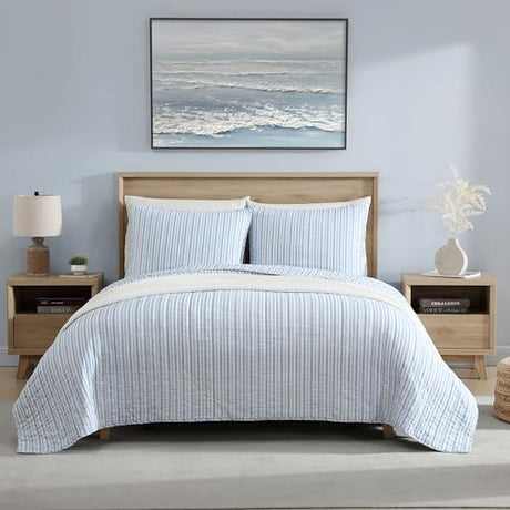 Nautica - Twin Quilt Set, Reversible Cotton Bedding with Matching Sham, Casual Home Decor for All Seasons (Coleridge Stripe Light Blue, Twin) Nautica