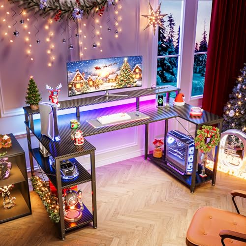 ODK 48 Inch Gaming Desk with LED Lights and Power Outlet, U-Shaped Computer Desk with Monitor Stand and Storage Shelves, PC Gamer Table for Home Office, Carbon Fiber Black ODK