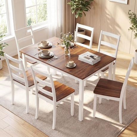 Tangkula Dining Table Set for 6, Solid Wood, Farmhouse Dinette Set w/Rubber Wood Legs, Mid-Century Modern, Compact Dining Table and Chairs Set for Kitchen, Dining Room (Rustic Brown) Tangkula