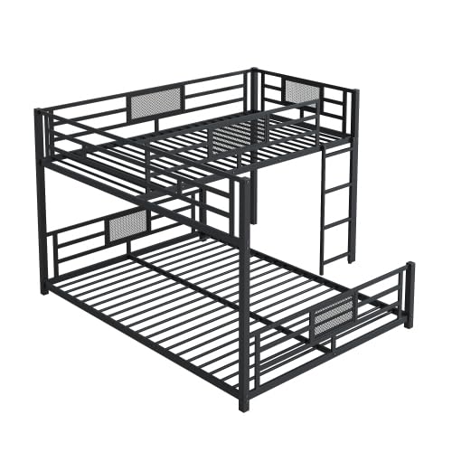 MERITLINE L-Shaped Metal Bunk Bed with Guardrails, Twin Over Full Bunk Bed Frame for Teens, Black MERITLINE