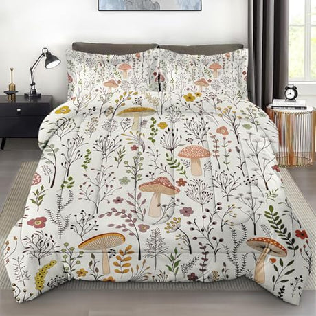 Zzzboro Comforter Set with Pillowcase Twin Size, Cute Beige Forest Mushroom Daisy Flower, Bed Decor Boho Wildflower Plants Botanical Floral Leaf for Kids and Adults, Soft Cozy Bedroom Bedding Set Zzzboro