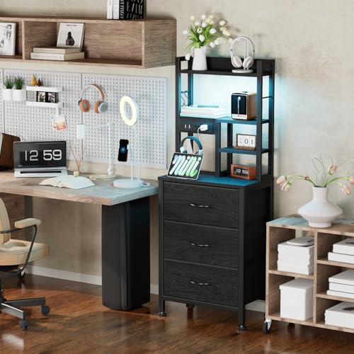 Furnulem Tall Nightstand with 3 Drawers, LED Lights, and USB Charging Ports - Versatile Beadside Table in Black Oak Furnulem