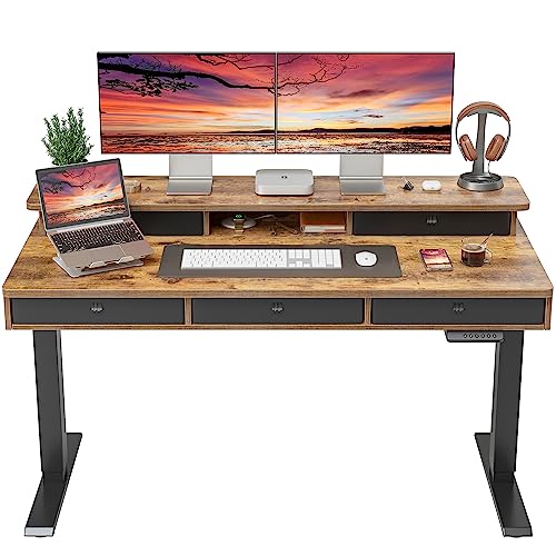 FEZIBO Height Adjustable Electric Standing Desk with 5 Drawers, 55 x 24 Inch Table with Storage Shelf, Sit Stand Desk Black Frame/Rustic Brown Top, FEZIBO