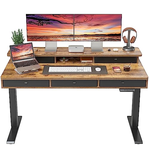 FEZIBO Height Adjustable Electric Standing Desk with 5 Drawers, 55 x 24 Inch Table with Storage Shelf, Sit Stand Desk Black Frame/Rustic Brown Top, - WoodArtSupply