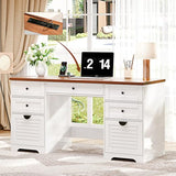 Ieejdn 59" Home Office Desks, Executive Desk, Farmhouse Computer Desk with 7 Drawers and Charging Station, File Drawer, Rustic Computer Writing Desk,Antique Cream Ieejdn