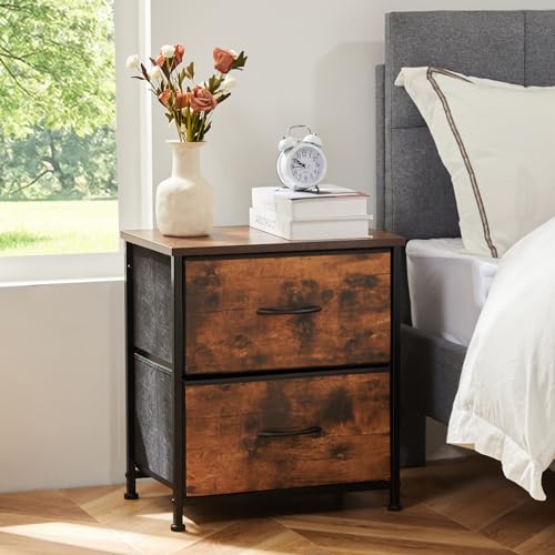 Sweetcrispy Nightstand with 2 Storage Drawers, 20" Height End Tabl Small Bed Side Furniture, Wooden Top Fabric Cabinet Kids Night Stand Mini Dresser for Bedroom, Closet, Entryway, College Dorm, Brown Sweetcrispy