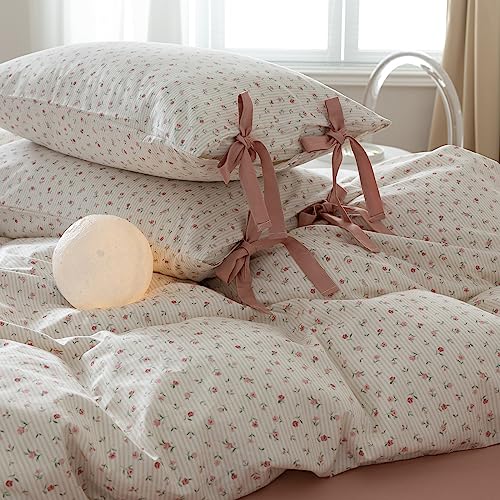 HighBuy Farmhouse Comforter Set Twin XL Botanical Floral Bedding Comforters for Teen Girls with 2 Bowknot Bow Tie Pillowcases Fluffy Soft Coquette Boho Comforter Cozy,Comfy Striped Comforter HighBuy