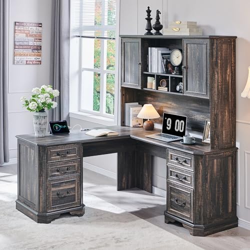 T4TREAM 59" Executive L Shaped Desk with Hutch,Victorian Wood Computer Desk, Featuring Charging Station,File Drawer, Storage Cabinet,for Home Office Work and Study (Dark Rustic Oak) T4TREAM