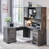 T4TREAM 59" Executive L Shaped Desk with Hutch,Victorian Wood Computer Desk, Featuring Charging Station,File Drawer, Storage Cabinet,for Home Office Work and Study (Dark Rustic Oak) T4TREAM
