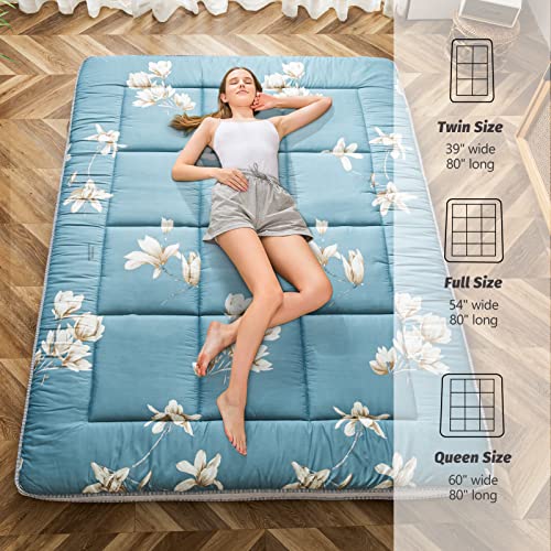 MAXYOYO Floral Printed Futon Mattress, Padded Japanese Floor Mattress Quilted Bed Mattress Topper, Extra Thick Folding Sleeping Pad Breathable Floor Lounger Guest Bed for Camping Couch, Queen Size MAXYOYO