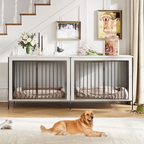 79‘’ Double Dog Crate Furniture, XL Dog Kennel Indoor, Heavy Duty Double Dog Crates for Medium/Large Dogs, Dog Kennel Furniture Indoor As TV Stand, Rustic White IDEALHOUSE