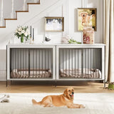 79‘’ Double Dog Crate Furniture, XL Dog Kennel Indoor, Heavy Duty Double Dog Crates for Medium/Large Dogs, Dog Kennel Furniture Indoor As TV Stand, Rustic White IDEALHOUSE