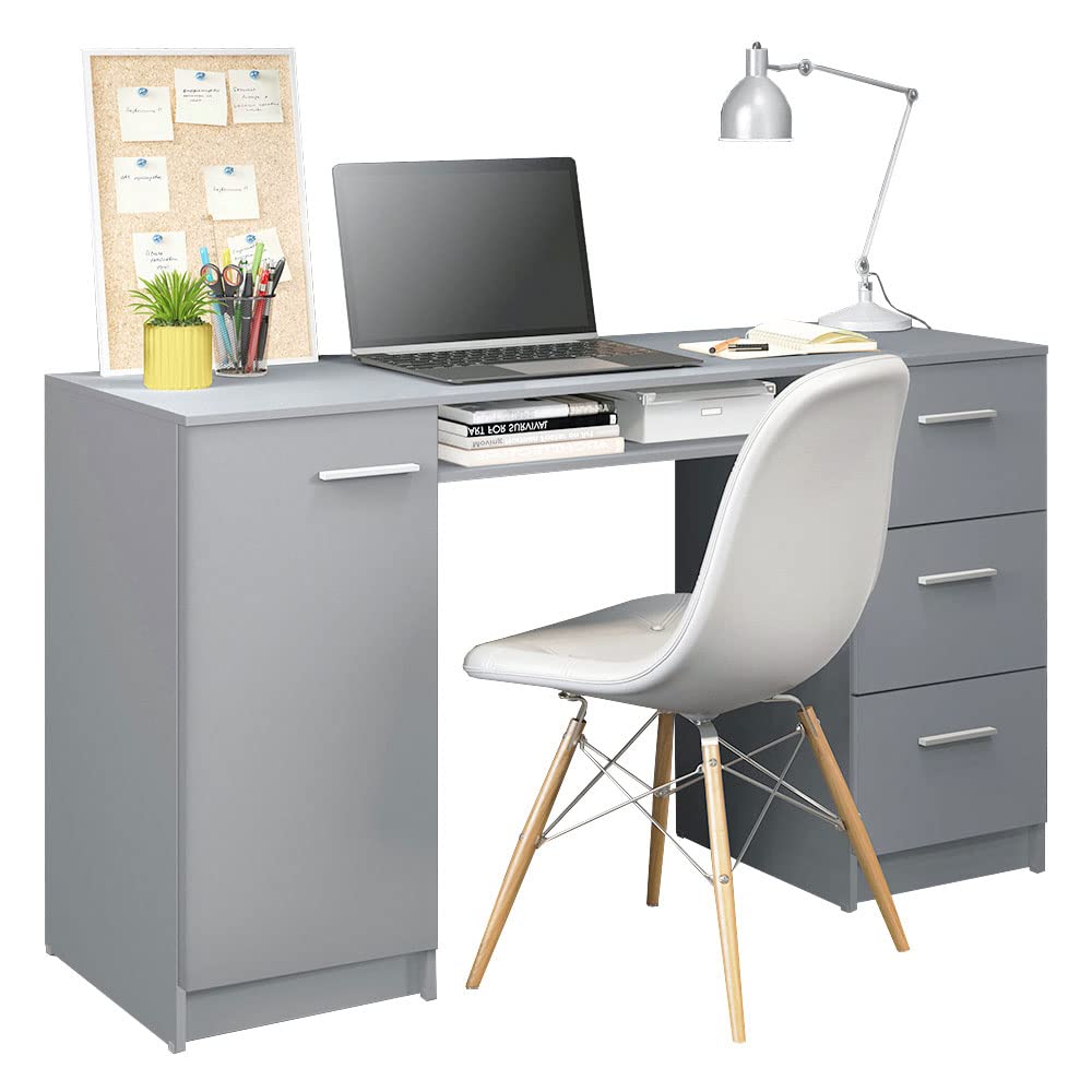 Madesa Computer Desk with 3 Drawers, 1 Door and 1 Storage Shelf, Wood Writing Home Office Workstation, Office Desk with Drawers - 30” H x 18” D x 53” W - Grey Madesa