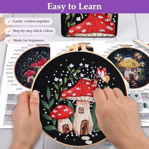 Uniartfy 3 Sets Embroidery Kit for Adults Beginners, Needlepoint Kits Cross Stitch, Hand Embroidery Starter Kit with Mushroom Stamped Patterns, Hoop, Tools, Colorful Threads with Needles, Instructions
