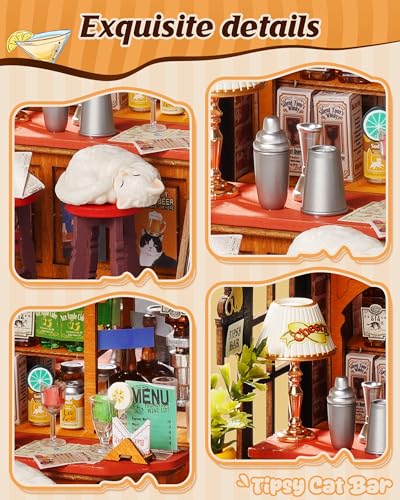 Rolife Miniature House Kit for Adults Tipsy Cat Bar DIY Wooden Dollhouse Kit Tiny Mini House Bookshelf Decor 3D Wooden Puzzle Hobby Crafts Gifts for Family Friends