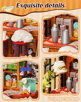 Rolife Miniature House Kit for Adults Tipsy Cat Bar DIY Wooden Dollhouse Kit Tiny Mini House Bookshelf Decor 3D Wooden Puzzle Hobby Crafts Gifts for Family Friends
