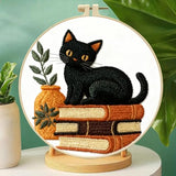 Zhenqing Black Cat Embroidery Kit for Beginners, Pre-Printed 29x29cm Cotton Fabric with 20cm Hoop, Cat on Books with Plant Design for Home Decor(C0075)
