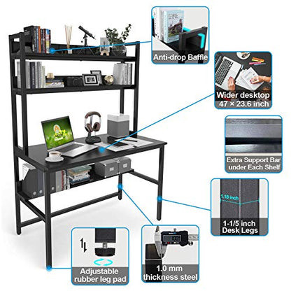 Aquzee 47-Inch Modern Ergonomic Computer Desk with Hutch and Storage Shelves in Black - WoodArtSupply