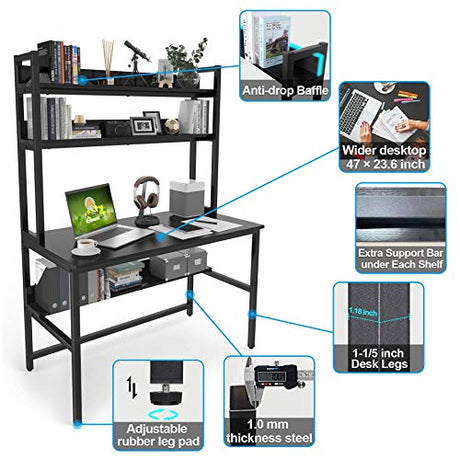 Aquzee 47-Inch Modern Ergonomic Computer Desk with Hutch and Storage Shelves in Black Aquzee