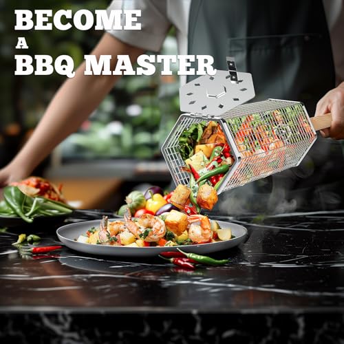 Ivtivfu Nesting Grill Baskets (2PCS, 2024), Removable Wooden Handle, 304 Stainless Steel, Rolling Grilling Net, BBQ Accessories Tools for Vegetables Shrimp, Outdoor Cooking Camping, Gifts for Men Dad Husband Ivtivfu