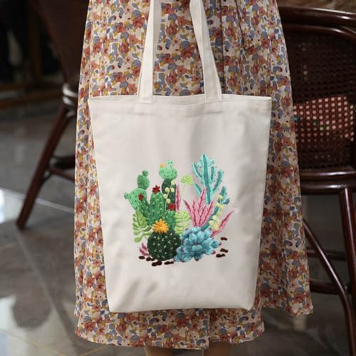 KABAKE Canvas Tote Bag Embroidery Kit for Beginners, Arts and DIY Crafts Starter Kit, Includes Stamped Bag, Threads, Tools (Beige With Cactus)