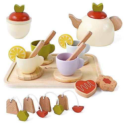 Pillowhale Wooden Toys Tea Party Set,Tea Set for Little Girls,Toddler Tea Set,Kids Play Kitchen Accessories,Play Food for Toddlers Boys Girls Ages 3+ - WoodArtSupply