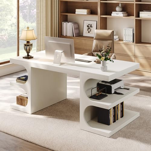 Tribesigns White Executive Office Desk, 63" Computer Desk with Storage Shelves, Modern Wood Study Writing Table, Large Workstation Business Furniture for Home Office (Table Only) Tribesigns