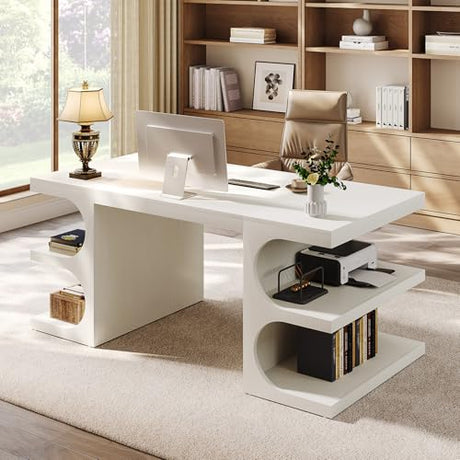Tribesigns White Executive Office Desk, 63" Computer Desk with Storage Shelves, Modern Wood Study Writing Table, Large Workstation Business Furniture for Home Office (Table Only) Tribesigns