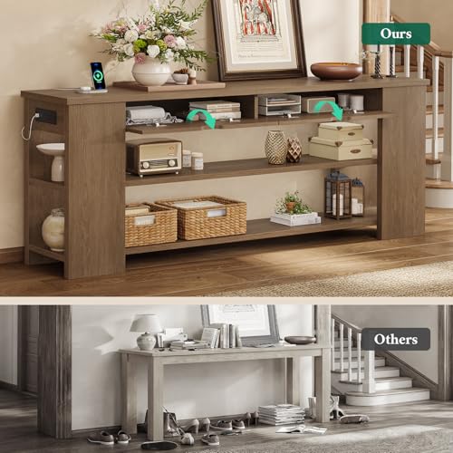 ANGRYWIN 71.8 Inch Extra Long Console Table with Drawers, Farmhouse Long Console Table with Shelves & Built-in Outlets, Entryway Table with Storage for Living Room, Entryway, Hallway, Brown ANGRYWIN