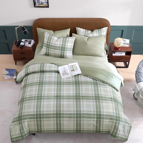 AMBERSPACE Full Size Comforter Sets, Green Plaid Bedding Set 7 Piece for Boys Girls Teen, Classic Homestead-Style Kids Comforter Set Bed in A Bag with Sheets, Pillowcases & Shams AMBERSPACE