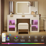 DWVO 56" Vanity Table Set with Tri-Fold Mirror & LED Lights, Makeup Vanity Desk with RGB Glass Cabinets, Storage Drawers, Shelves, Built-in Power Strip, Cushioned Stool for Dressing Room, White DWVO