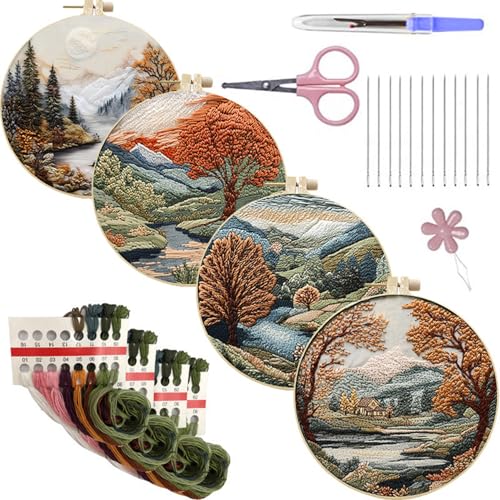 SCECALA 4 Pack Embroidery Kit for Beginners - Nature Landscape Beginner Embroidery Kit for Adults with Embroidery Pattern, Hoop, Complete Supplies DIY Craft for Adults Sewing Hobby, 1pc Hoops
