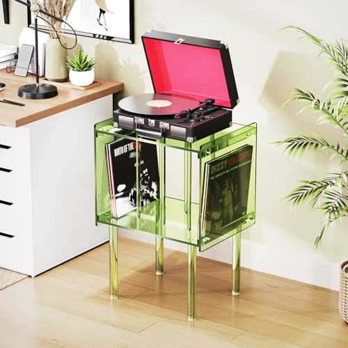 solaround Acrylic Record Player Stand, with Vinyl Storage, Clear Acrylic Side Table, (Green) solaround