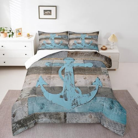 Anchor Nautical Comforter Set Full,Vintage Plank Blue Brown Bedding Set 3pcs for Kids Teens Adults Room Decor,Camping Adventure Quilt Set,Rustic Farmhouse Duvet Insert with 2 Pillowcases Manfei